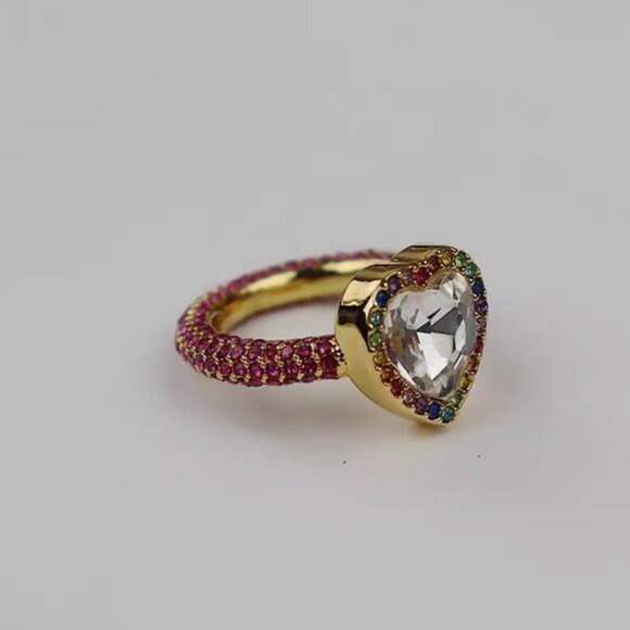Kurt Geiger London Rainbow Crystal Heart Cocktail Ring Gold Tone Pink Sz7/8